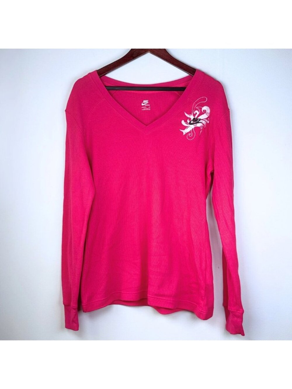 Nike Sportswear Hot Pink Long Sleeve Shirt XL Waffle Knit Thermal Y2K McBling